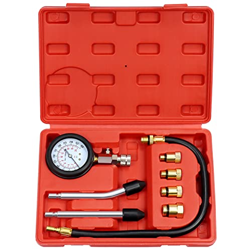 JoyFans 0-300 PSI Compression Tester Automotive Tool, Petrol Gas Engine Cylinder Pressure Test Kit with Gauge Adapter M10 M12 M14 M18 for Small Engine Cars Motorcycles Trucks SUVs Red
