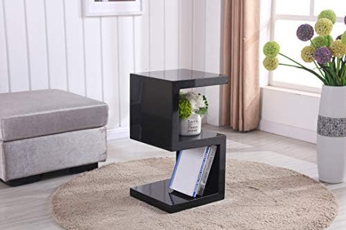 Furnizone UK RUBIX S-Shaped Black/White/Grey Side End Table High Gloss 2 Tier Storage Shelves Bedside Tables for Living Room Lounge (Black)
