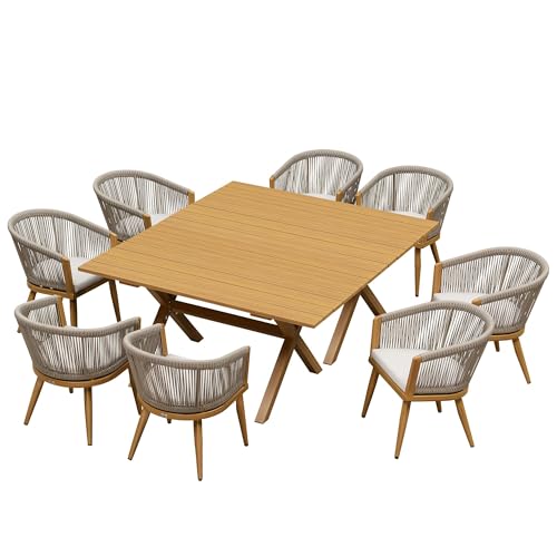 Image of PURPLE LEAF Outdoor Dining Set Oversized for 8 with Cushions PE Rattan Teak