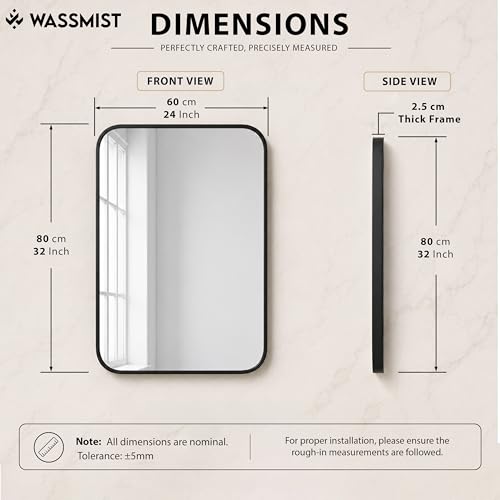 Image of WASSMIST Mirror for Bathroom Wall | Square Bathroom Mirror with Aluminium Frame | HD Reflection Wall Mirror for Living Room /Bedroom (24 X 32 inch)