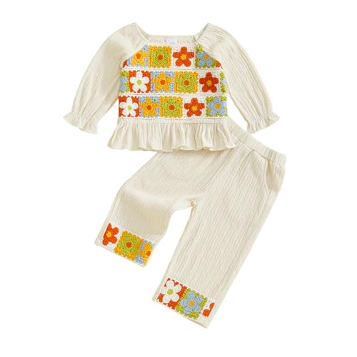 Toddler Girl Crochet Floral Outfit Long Sleeve Boho Ruffle Top and Flower Pants Set 2Pcs Infant Baby Fall Clothes Sets