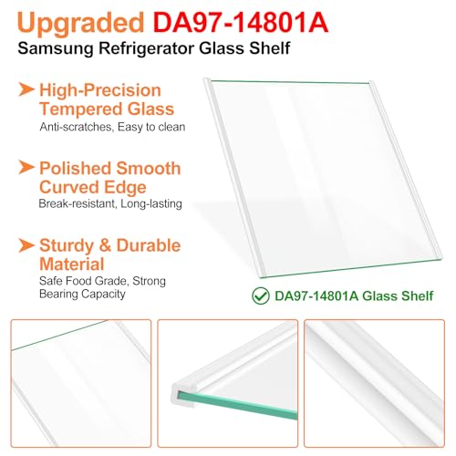 Image of Upgraded DA97-14801A Refrigerator Glass Shelf Compatible with Samsung Fridge Shelf Replacement RH22H9010SR RH22H9010SG Upper Shelves Tempered Glass Samsung Refrigerator Parts Glass Shelves 17.7x13.3