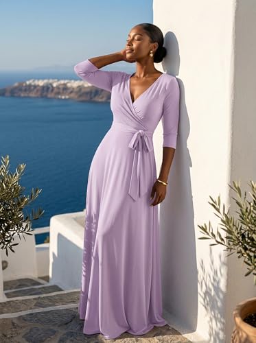 Image of PinkPatty Plus Size Maxi Dresses for Women Casual Flowy Long Dress 3 /4 Sleeve V Neck Wrap Dress with Belt