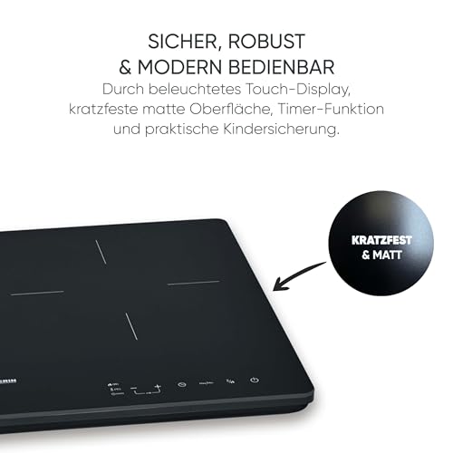 Severin Induktionskochplatte 2 Platten, kratzfeste Glaskeramik-Kochfelder, matt, 10 Leistungsstufen, Touch-Display, Timerfunktion, automatische Abschaltung, 3.400W, schwarz, Glas, DK 1033