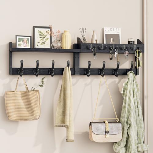 Image of Evermagin 35 inch Coat Rack Wall Mount with Shelf, 4 in 1 Coat and Key Hanger with 13 Metal Hooks, Entryway Wall Mounted Shelf with Mail Holder for Living Room, Bedroom, Black