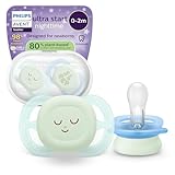 Philips Avent chupetes ultra start para la noche: diseño anatómico, para recién nacidos, brillo en la oscuridad, tetina simétrica de silicona suave, sin BPA, con estuche, paquete de 2, SCF075/18