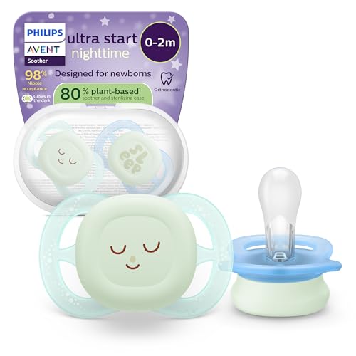 Philips Avent chupetes ultra start para la noche: diseño anatómico, para recién nacidos, brillo en la oscuridad, tetina simétrica de silicona suave, sin BPA, con estuche, paquete de 2, SCF075/18
