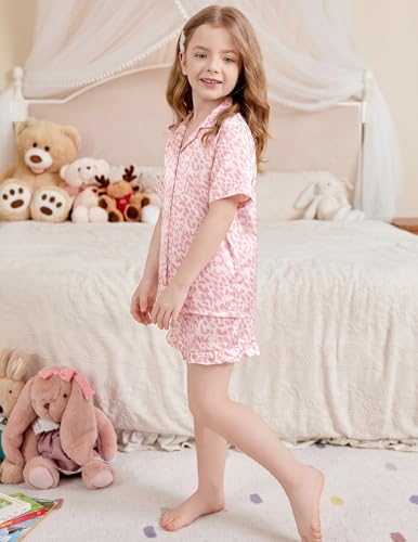 Image of Arshiner Girls Pajamas Silk Satin Pajama Set Button Pjs Ruffle Sleepwear | 2 Piece Nightwear, Silky Soft Lounge for Little & Big Kids, Ideal for Sleeping and Sleepover Party