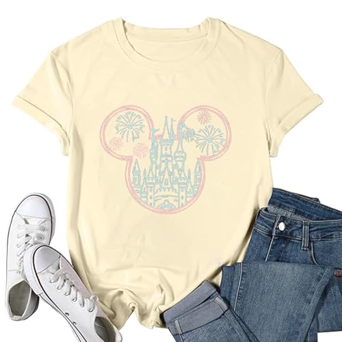 Castle Printed Shirt for Women Family Holiday Vacation Tee,Light Yellow S