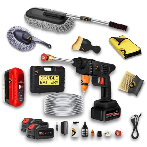 Image of 7 Item Cordless Car Accessories Combo with Pressure Washer Gun (Double Battery) | Long Handle /Small Car Duster | Car Shaped Cleaning Cloth|Scratch & Lint Free, Pollen Removing