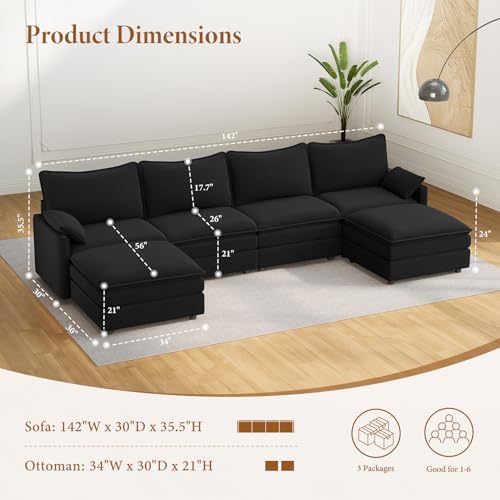 Image of Vesgantti 142 inch U Shaped Sectional Couch, Comfy Cloud Modular Sectional Sofa with 2 Ottoman Deep Seat Chenille Modern Cloud Sofa, Modular Sofas for Living Room, Bedroom and Apartment, Black