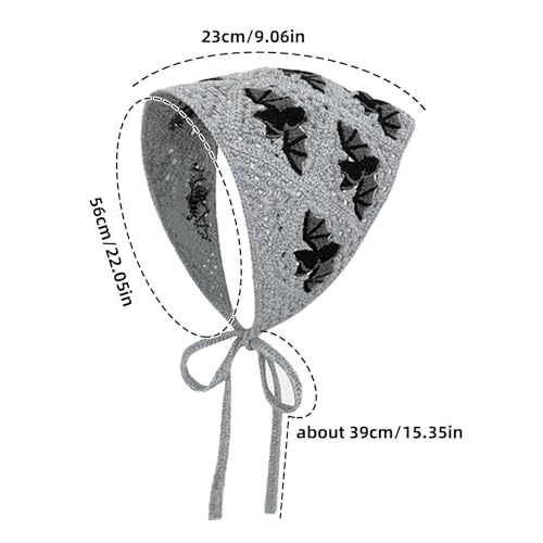 BQSAZHYJ Gothic Crochet Headbands Bat Pattern Bandana for Women, Cotton Knit Triangle Headband Greyscale Halloween Style Head Scarf Christmas Vintage Crochet Hair Styling Decor