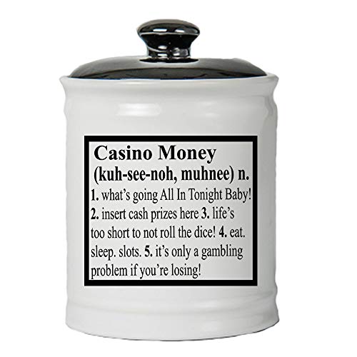 Cottage Creek Piggy Bank, Casino Money Coin Bank, Round Ceramic Casino Money Jar with Black Lid, Slot Gift, Gambling Gifts [White]