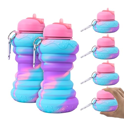 Image of Kuber Industries Pack of 6 Collapsible 600 ml Silicone Water Bottle With Flip Cap | Lightweight & Portable School Water Bottle - Ideal For Travel & Gym | Pink