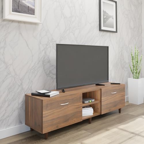 Image of VIKI Modern TV Unit for Living Room | Engineered Wood TV Cabinet with 2 Drawer Storage & Open Shelf, Entertainment Unit for Home, 160W x 48H x 40D cm | DIY | 1 Year Warranty (Walnut)