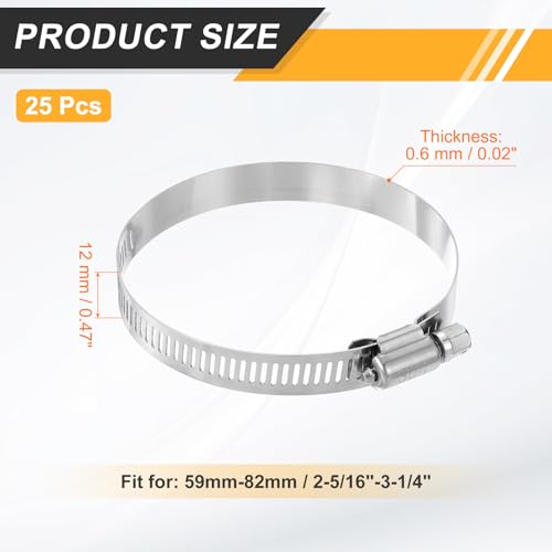 HARFINGTON 25 Pcs Hose Clamp 2-5/16"-3-1/4" (59-82mm) 304 Stainless Steel Adjustable Worm Gear Hose Clamp Assortment Kit for Fuel Line Pipe Plumbing Automotive Tube Mechanical by HARFINGTON - Image 2