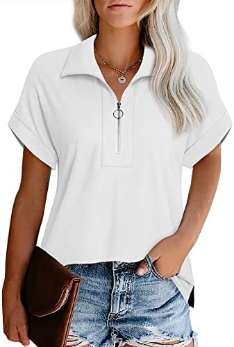 Women Summer Short Sleeve Shirts V Neck Collared Womens Tops and Blouses Women's Fashion 2023 Business Casual Tops Zippered Work Tops Womens Shirts Dressy Polo Shirts Soft White Blouse for Women M
