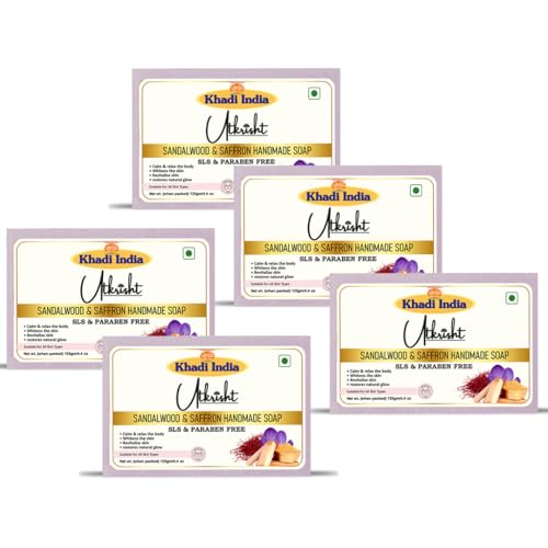 Image of Khadi Sandalwood & Saffron Handmade Bathing Soap Bar 125g (Pack of 5) | Natural & Herbal | Deep Cleansing for Glowing & Brightening Skin | Evens Out Skin Tone | All Skin Types | Men & Women