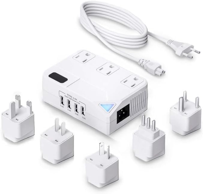 250W Conversion Plug International Travel Converter with 4 USB Ports lowering 220V to 110V for 100V-240V Areas and