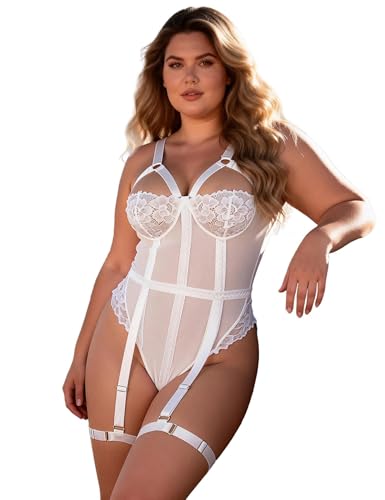 comeondear Body Damen mit Strapsen Sexy Spitze Babydoll Dessous Unterwäsche Frauen Set Große Größen Mesh Lingerie Women Bodysuit mit Druckknöpfe Teddy Reizwäsche Curvy Corsage(Weiß,M-L)