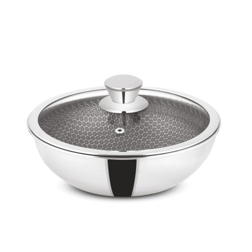 Image of Orange Triply Honeycomb Stainless Steel Tasra Kadai with Glass Lid 2.5 Litre Capacity (22 cm Diameter) | Heavy Bottom, Scratch Resist Non-Stick Tasra /Tasla | Induction Friendly | 5 Year Warranty