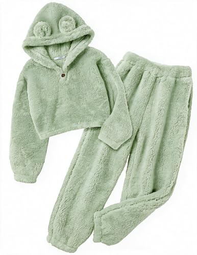 Image of Arshiner Girls 2 Piece Outfits Fuzzy Sweatsuits Hoodie and Sweatpant Sets