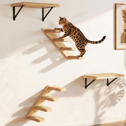 Set Mueble Pared Gato 4 Piezas, estantes y escalones Madera