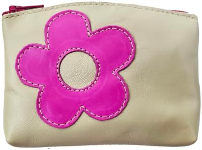 Monedero de piel BEIGE CON FLOR FUCSIA, con cremallera, con bolsi...