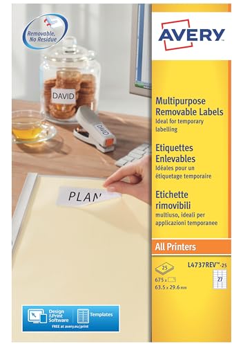 Avery - AVERY - 675 Étiquettes Amovibles Blanches Personnalisables - Format 63,5 x 29,6 mm - Impression Laser et Jet d'Encre - -9%