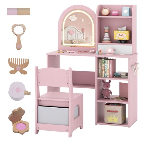 GYMAX Kids Dressing Table and Chair, Girls Vanity Table Set with 3-Color LED Lights Mirror, Fabric Drawer and Storage Shelves, Children Study Desk Toddler Makeup Desk for Toddlers (Pink)