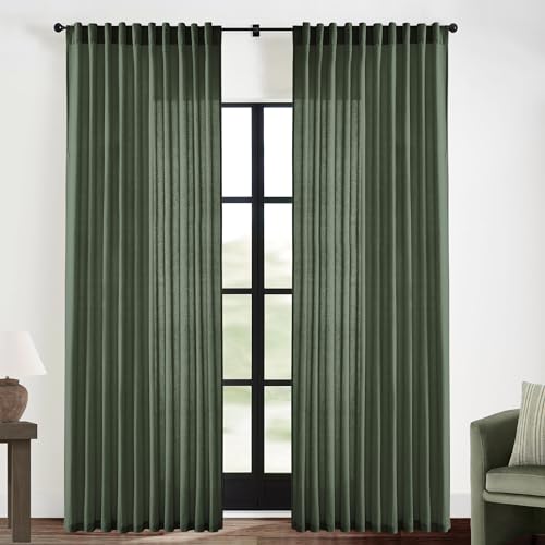 Image of XTMYI Back Tab /Hook Belt Linen Cotton Sheer Curtains for Bedroom Living Room,70 Inch Wide,90 Inch Length 2 Panels,Olive Green
