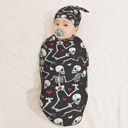 Image of Skull Skeletons in Love Dancing Newborn Swaddle Blankets Hat Sets Soft Baby Receiving Blanket Swaddle Sack for Baby Shower Infant Boy Girl Gift