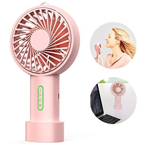 IPOW Mini Handheld Fan Personal Portable Fan 3 Speed Adjustable Angle Removable Base Lanyard USB Recharging Battery Operated Small Desk Cooling Face Fan for Home Camping Disney Travel Peach Pink Cover