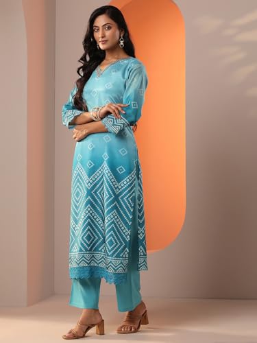 Image of Libas Blue Printed Chinon Straight fit Kurta set for Women | daily wear suit