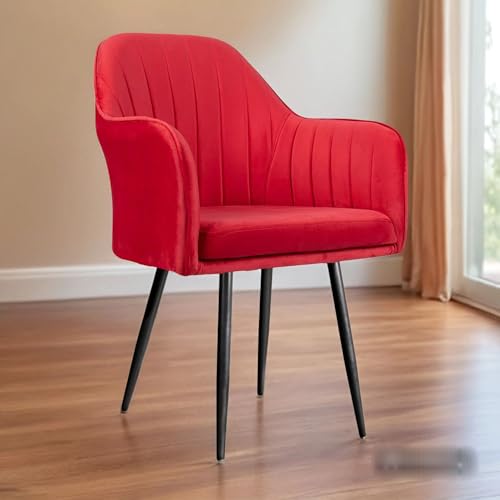 Image of Plush Dining Chair | Accent Chair for Living Room Bedroom Restuarant | Velvet Fabric & Thick Cushion Seat with Sturdy Glossy Metal Legs (Black Legs, Red)