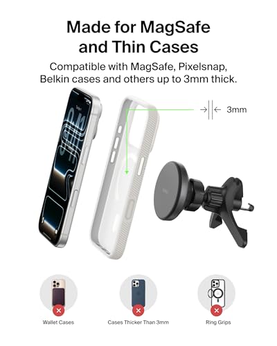 Image of Belkin Wireless Car Charger, Magnetic Car Vent Mount w / 3.3ft USB C Cable, Qi2 MagSafe Compatible Fast Charging iPhone Charger for iPhone 17, Galaxy S26, Pixel 10, & More - Travel Accessories - Black
