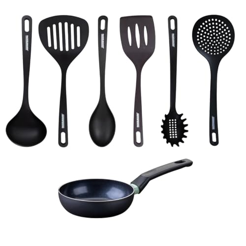Fackelmann 9428650 - Set antiadherente de cerámica (16 cm, sin PFAS y 6 utensilios de cocina, estufa sin PFAS, estufa de inducción, aluminio, RPET, negro, verde, 16 cm)