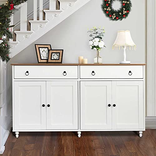 White Buffet Sideboard Cabinet With Storage, 55” Mid-Century Coffee Bar Cabinet With 2 Drawers & 4 Doors, Kitchen Buffet Cabinet With Adjustable Shelf, Credenza Table For Entryway Dining Living Room #TOP7