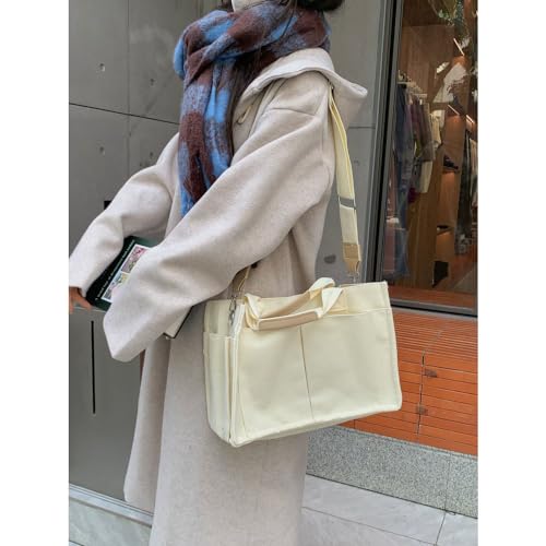 Image of Canvas Tote Bags for Women Large Shoulder Handbags Hobo Bags Multi-pockets Satchel Purse Casual Travel Work Bags (A Multi-pocket, White)