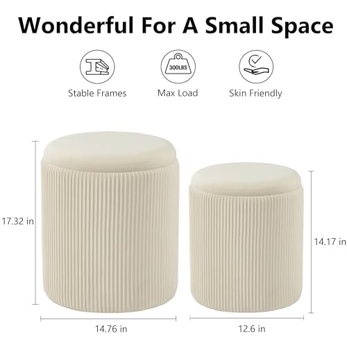 Chilihom Round Ottoman with Storage Set of 2 Upholstered Velvet Vanity Stool for Makeup Lines Support 300lbs Ottomans Multifunctional Foot Rest Coffee Table Padded Seat for Living Room&Bedroom-Beige - Image 4