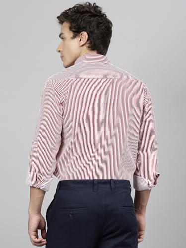 Image of Hancock Standard Slim Fit Striped Button-Down Collar Pure Cotton Casual Shirt(9607White-Red)