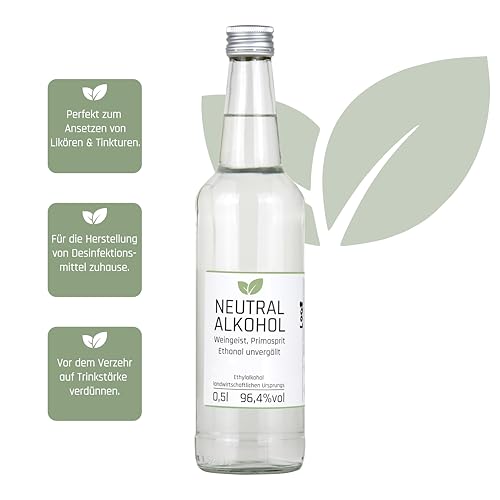 0,5l Weingeist Primasprit Trinkalkohol 96,4% vol - zum Ansetzen von Likören, Gin oder Tinkturen - 0,5l Flasche