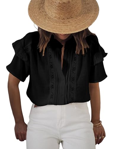 Women's Summer Blouse Short Sleeve Button Down Shirt Lace Trim Ruffles Round Neck Casual Work Top2
