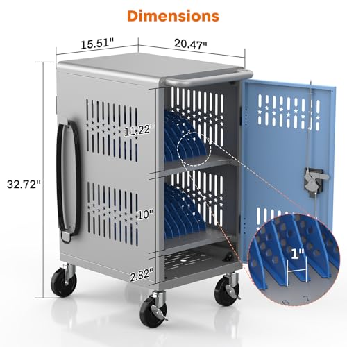 Image of Fully Assembled Laptop and Tablet Charging Cart for Up to 14 inch Screen Size - 20 Device Mobile Storage Cabinet Fits Chromebook, Tablet, Laptop, Suitable for Classroom, School & Office (Gray)