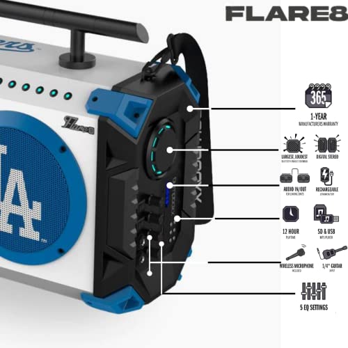 Bumpboxx Bluetooth Portable Speaker Boombox Flare8 LA Dodgers | Retro Boombox with Bluetooth Speaker | Rechargeable Lithium Battery | Includes Wireless Microphone, Carrying Strap & Remote Control