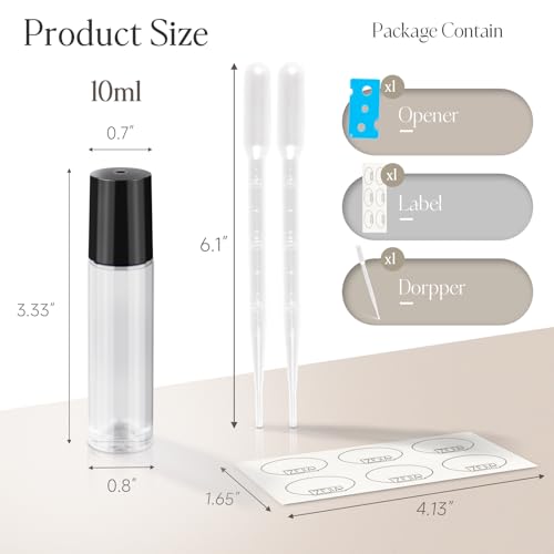 image for ZEJIA 10ml roller bottles for essential oils, 6 Pack Clear Roll on Bot