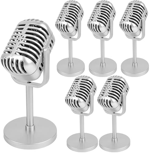 Norcoin 6 Pack Retro Style Microphone Prop Gold Fake Microphone Model with Stand Classic Vintage Plastic Microphone Prop for Halloween Role Play Hip Hop Rock Music Party Decor (Silver)