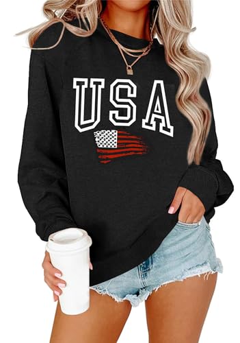 Image of Lacozy Womens USA Sweatshirt Long Sleeve Crew Neck 4th of july shirts Casual American Flag Sweater Loose Fit Pullover Tops, Black, XL