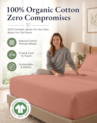 Image of LANE LINEN 100% Organic Cotton Queen Size Fitted Sheet Only (+Pillowcases) 3-Piece Set Soft & Comfy Hotel Style Percale Weave Fully Elasticized Deep Pocket Queen Fitted 15 inch Deep - Rose Dawn