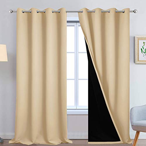Image of Yakamok Beige 100% Blackout Curtains 108 Inches Long for Bedroom 52 inch Wide | Blackout Curtain Panels for Bedroom, 2 Thick Layers Grommet Top Thermal Insulated Drapes with Black Liner for Living Room